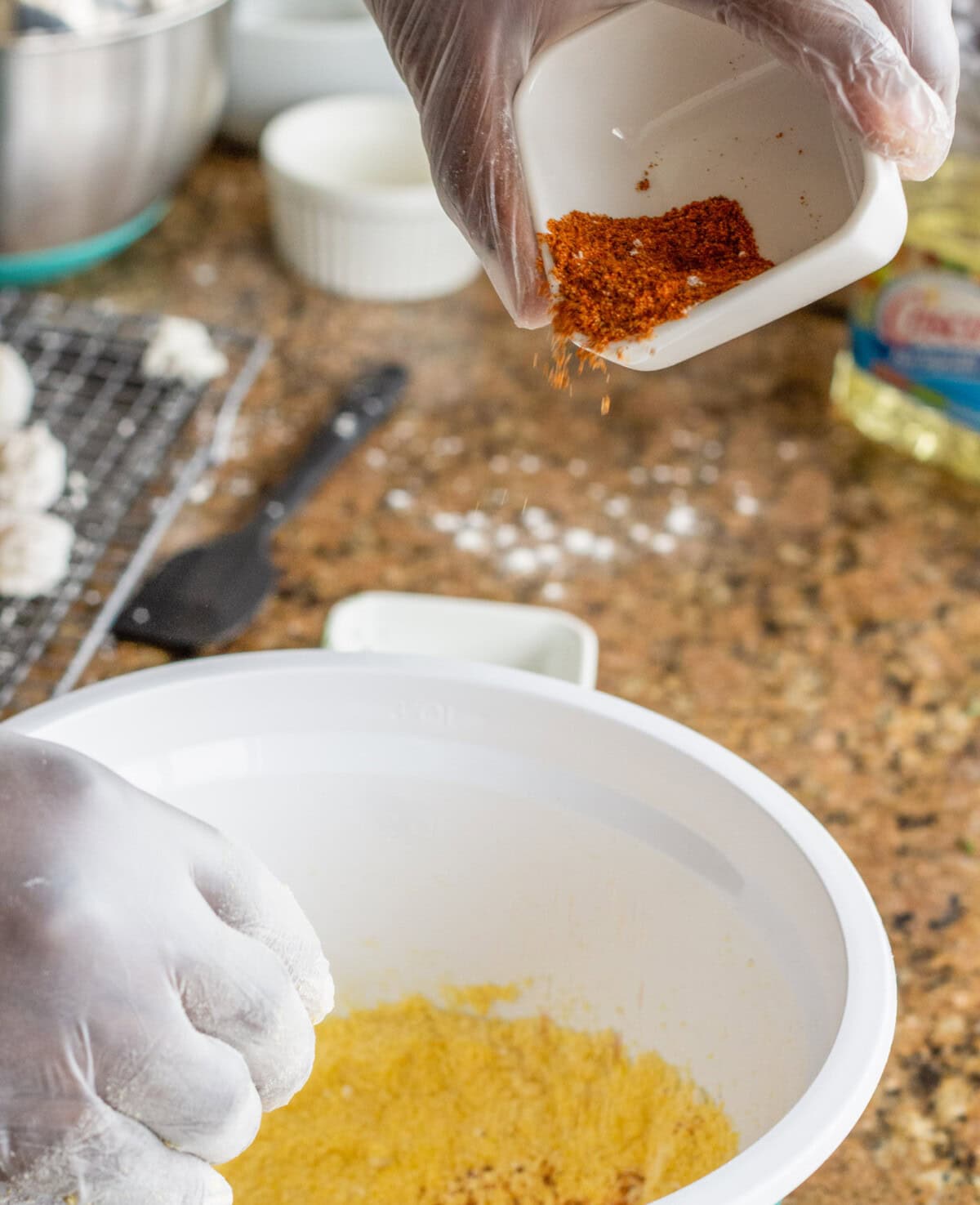 adding seasoning to egg mixture