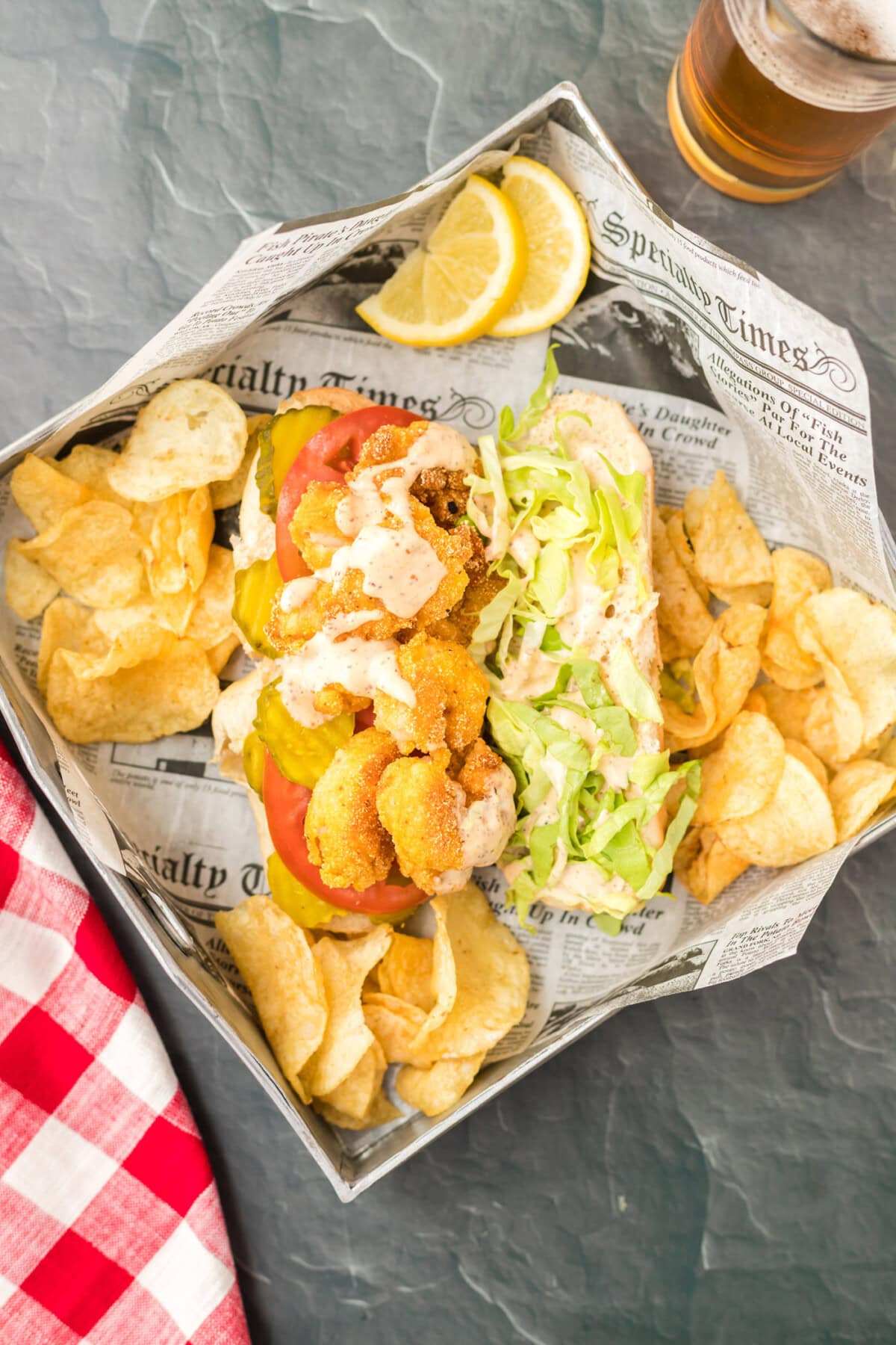 Shrimp Po Boy in a basket with chips