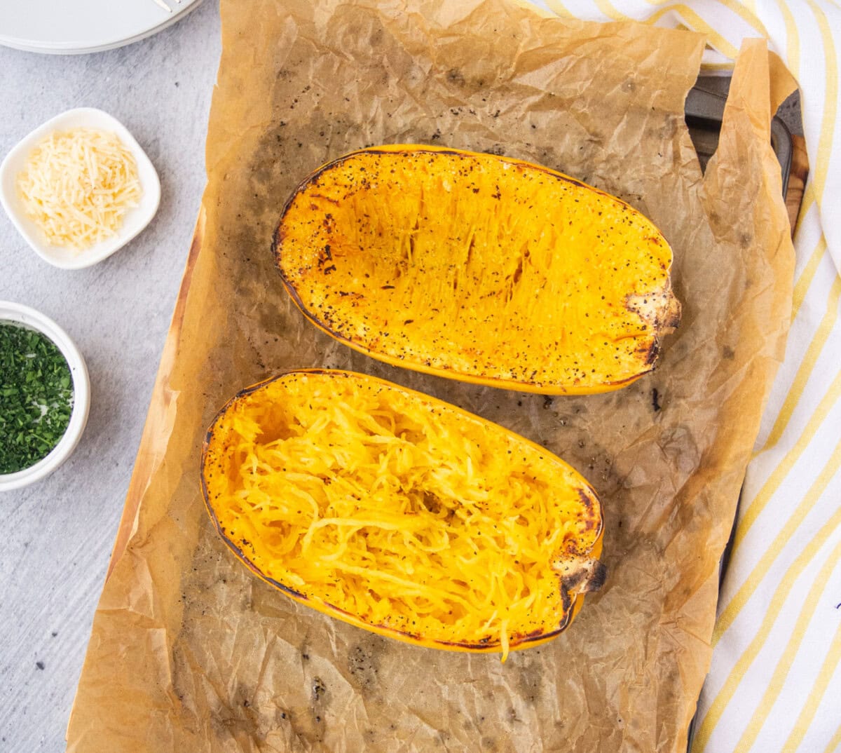baked spaghetti squash on a baking tray