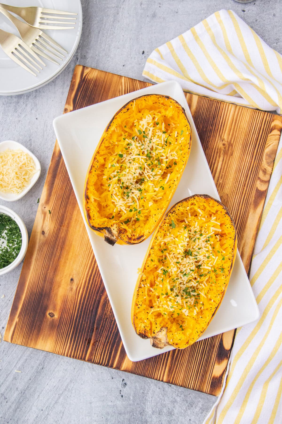Baked Spaghetti Squash on a cutting board