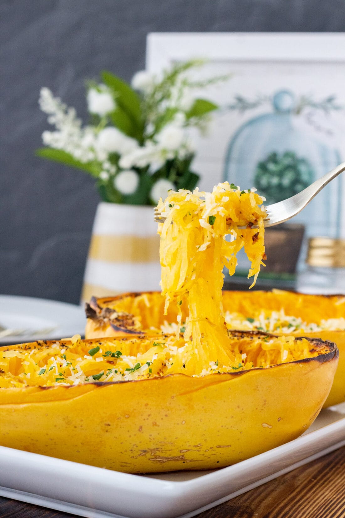 using a fork to lift Baked Spaghetti Squash