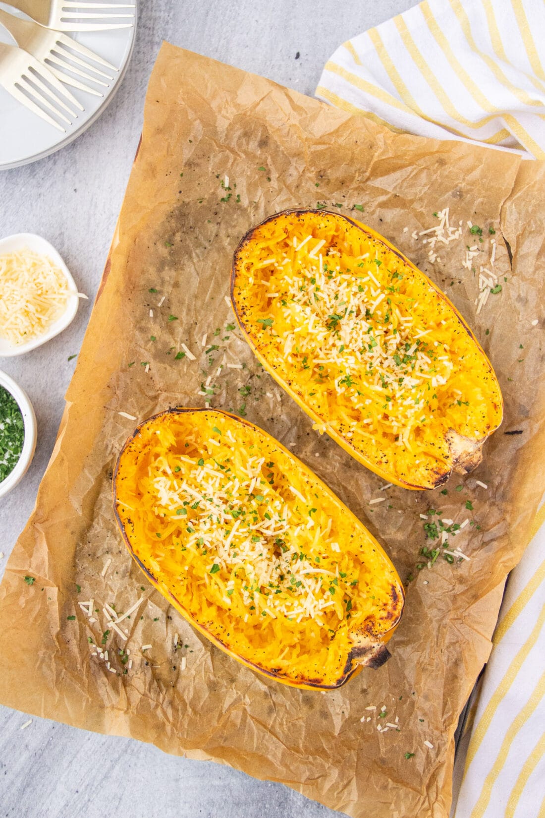 Baked Spaghetti Squash on parchment paper