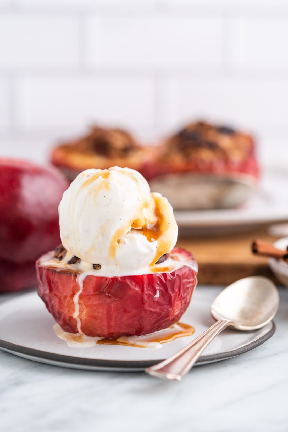 Air Fryer Baked Apple with ice cream on top