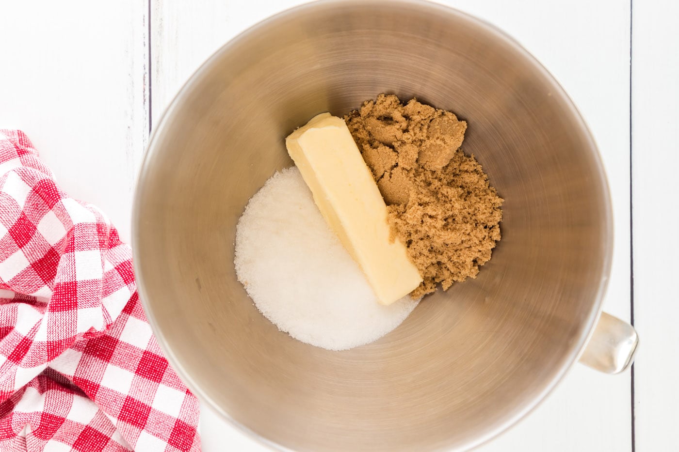 butter, brown sugar, and granulated sugar in a bowl