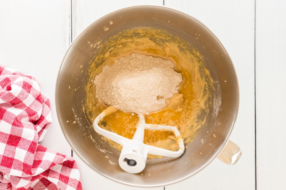 flour mixture and orange juice added to loaf batter