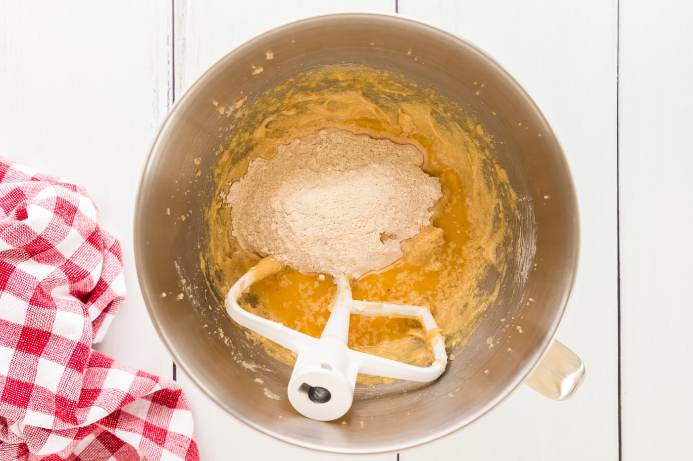 flour mixture and orange juice added to loaf batter