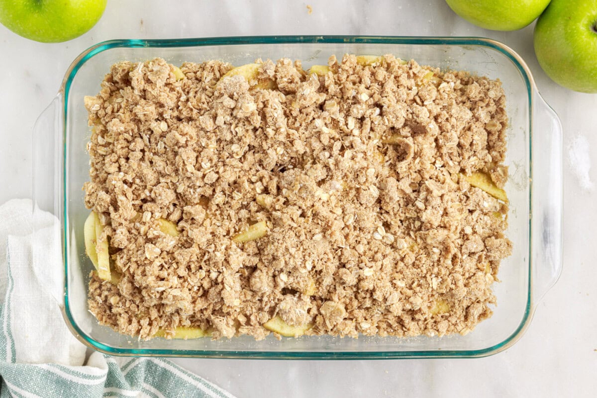 apple crumble in a baking dish