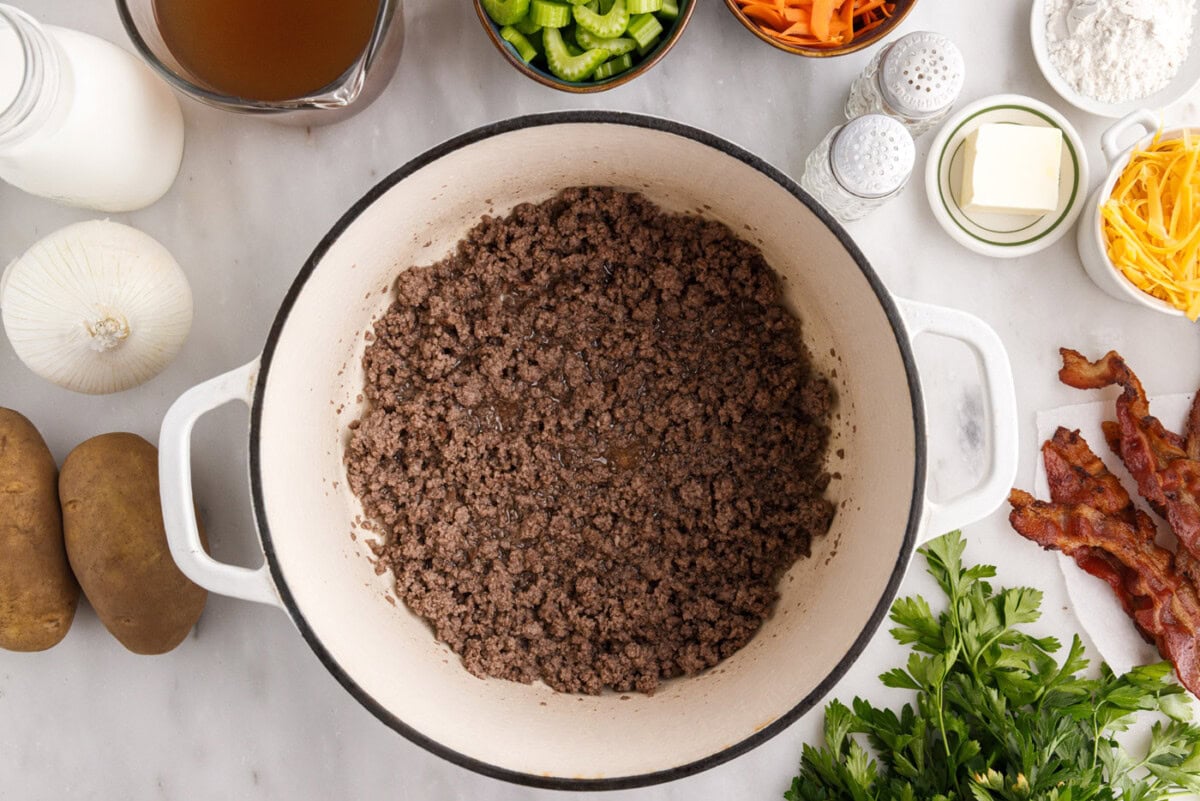 ground beef cooked in a stockpot