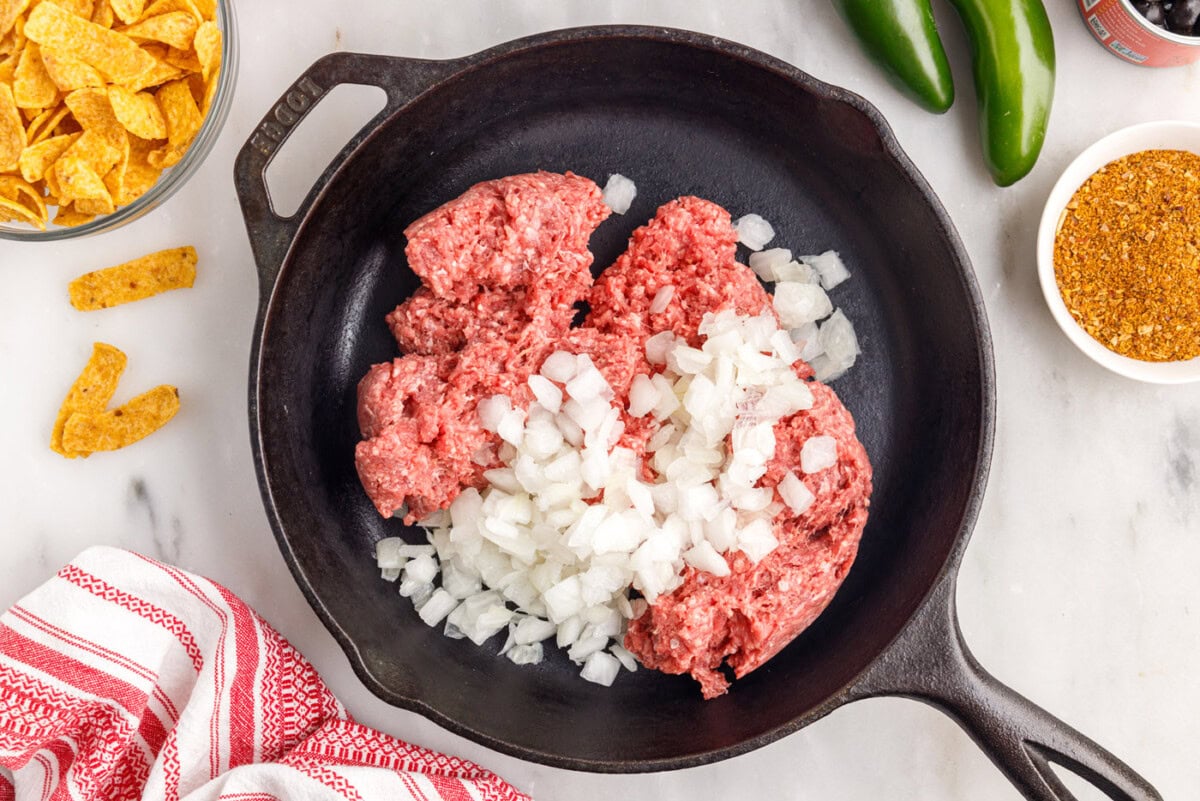 ground beef and onion in a skillet