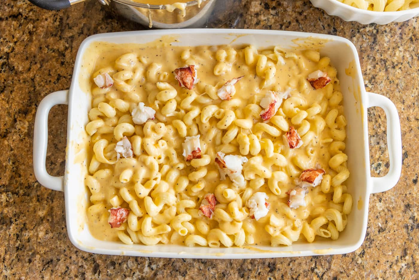 lobster mac and cheese in a baking dish