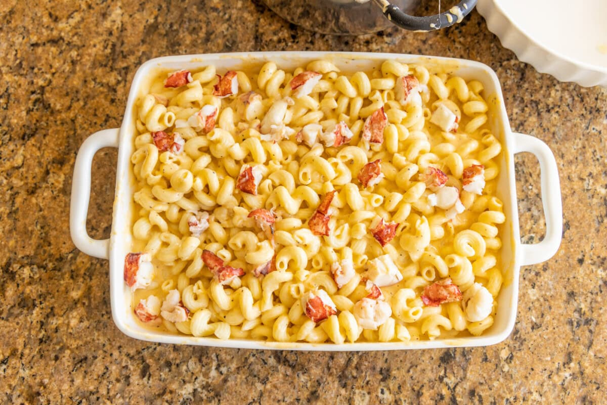 lobster mac and cheese in a baking dish
