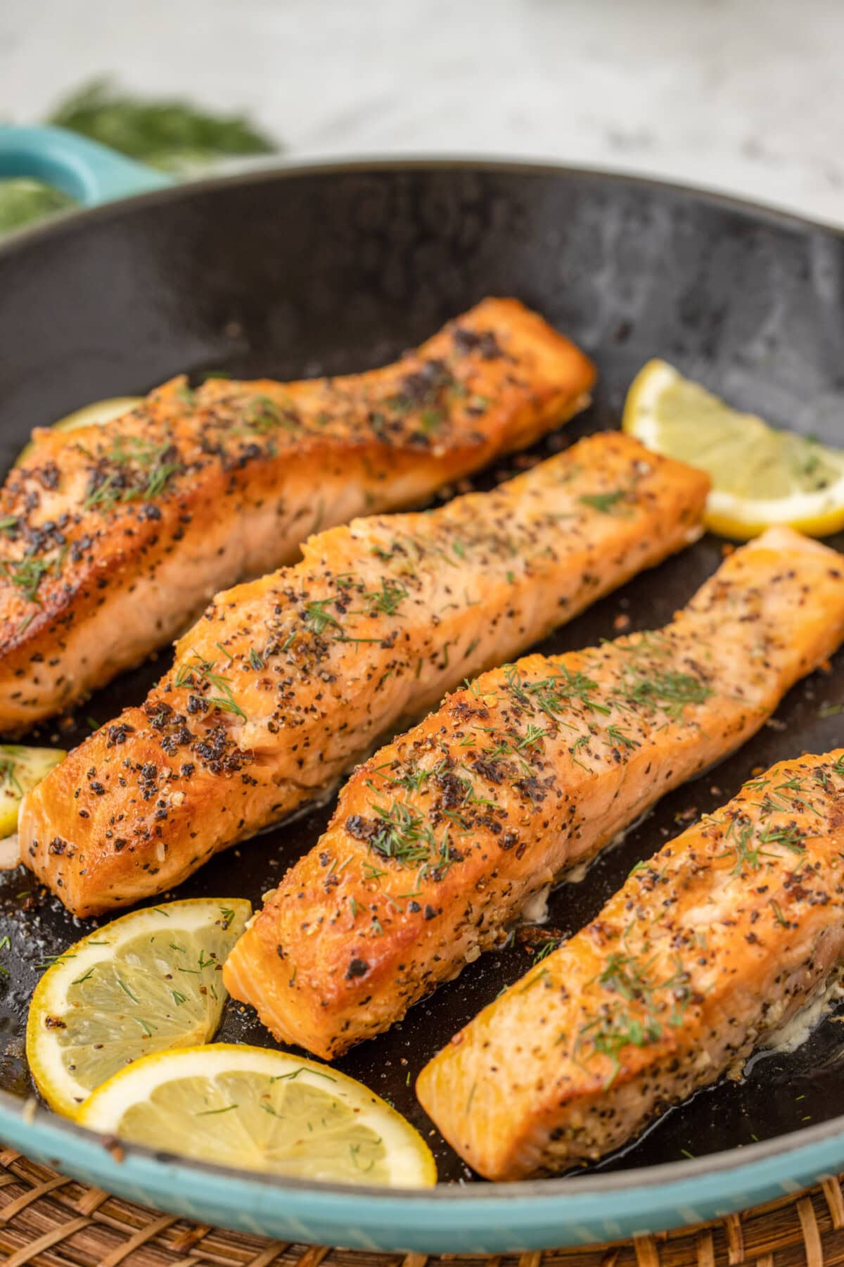 Pan Seared Salmon in skillet