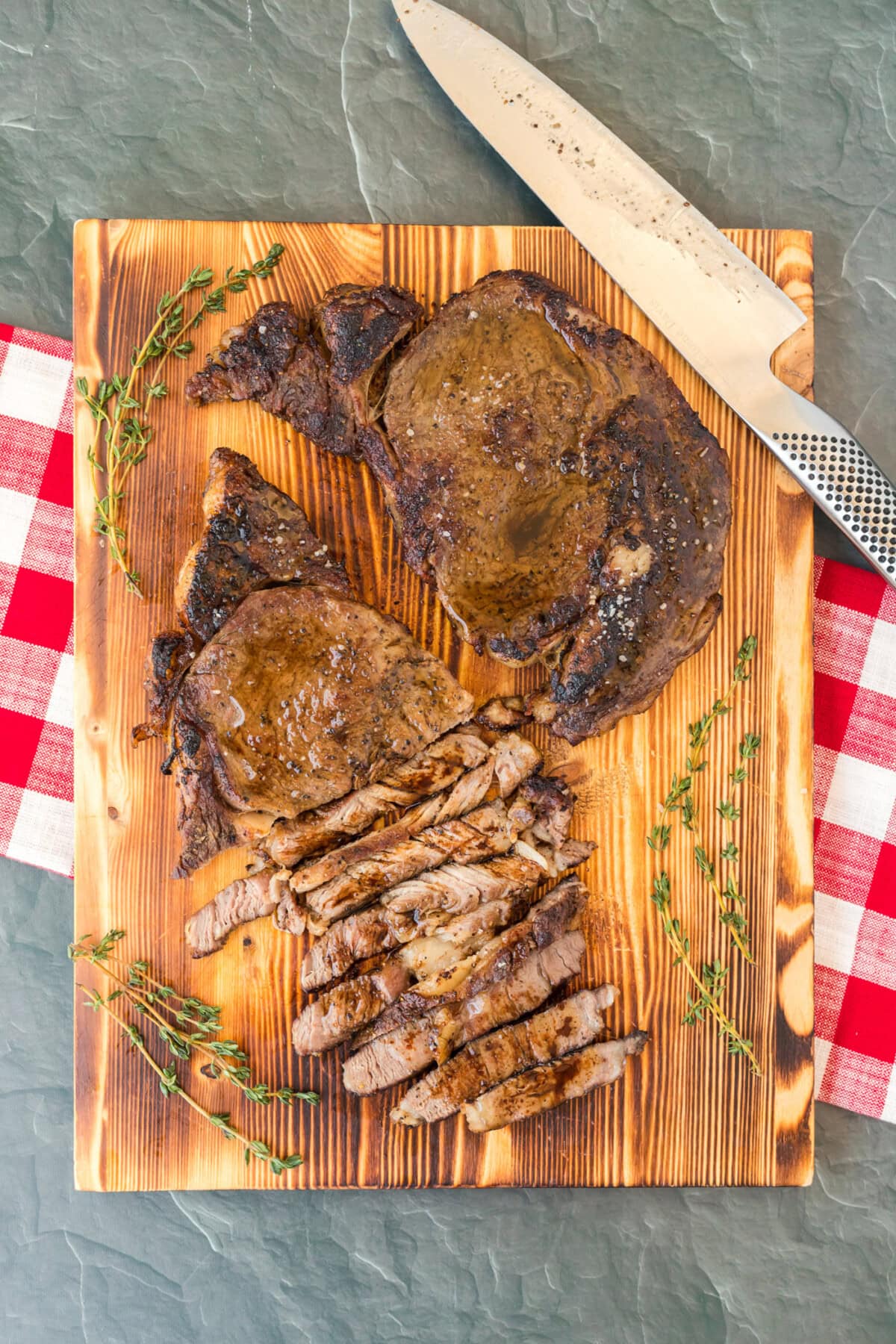 Reverse Sear Ribeye on cutting board