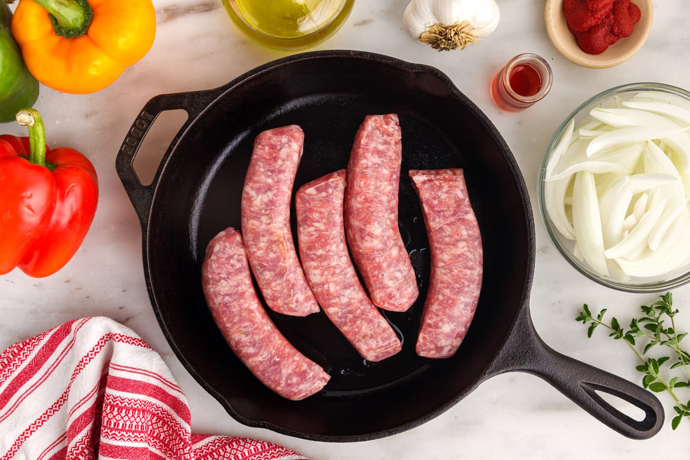 Italian sausage in a cast iron skillet