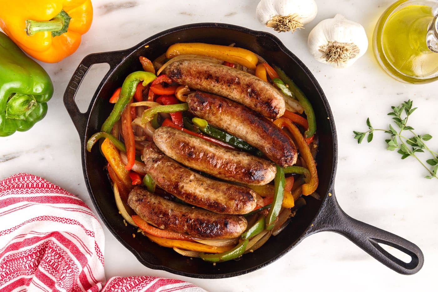 sausage and peppers in a skillet