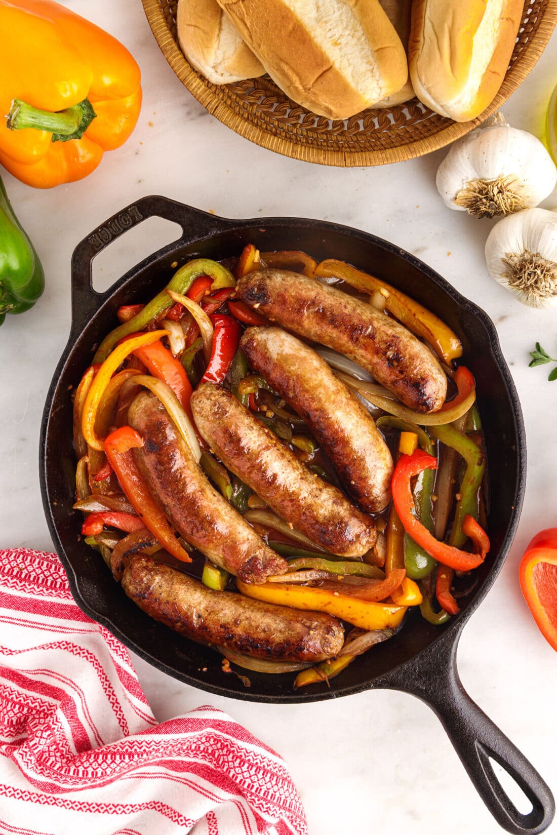 overhead photo of Sausage and Peppers in skillet