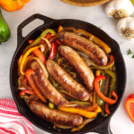 overhead photo of Sausage and Peppers in skillet
