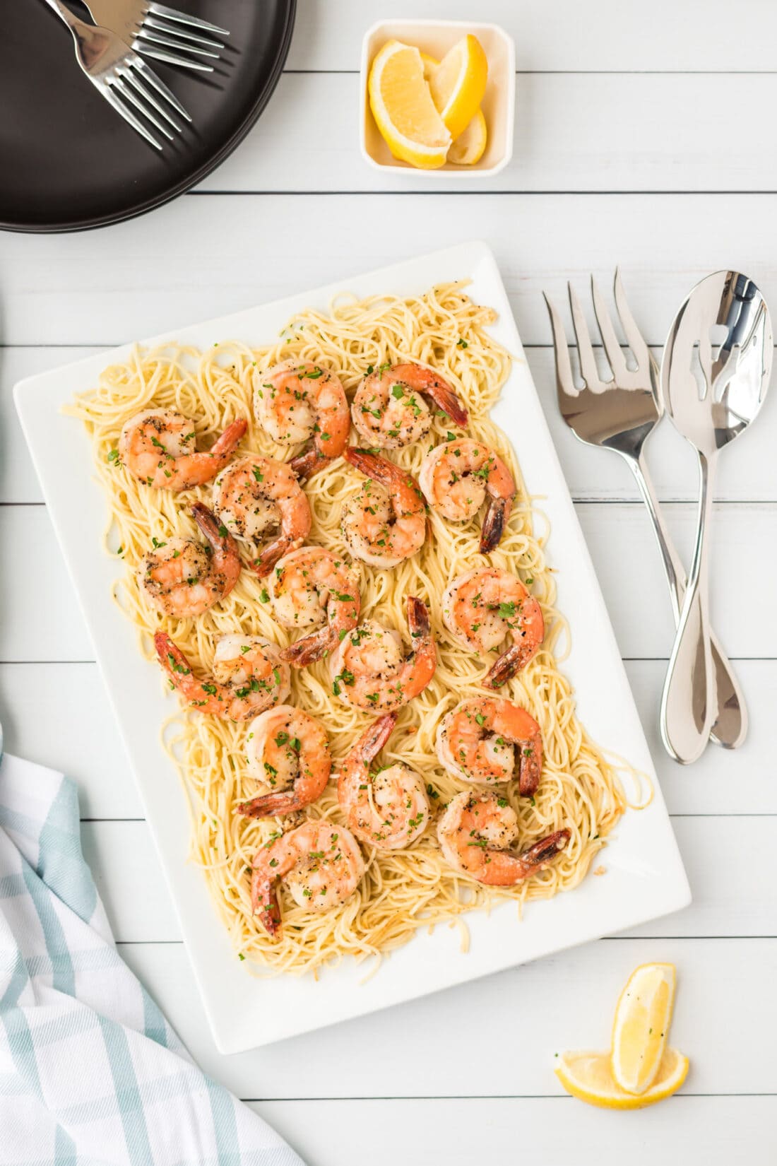 Shrimp Scampi Pasta on platter