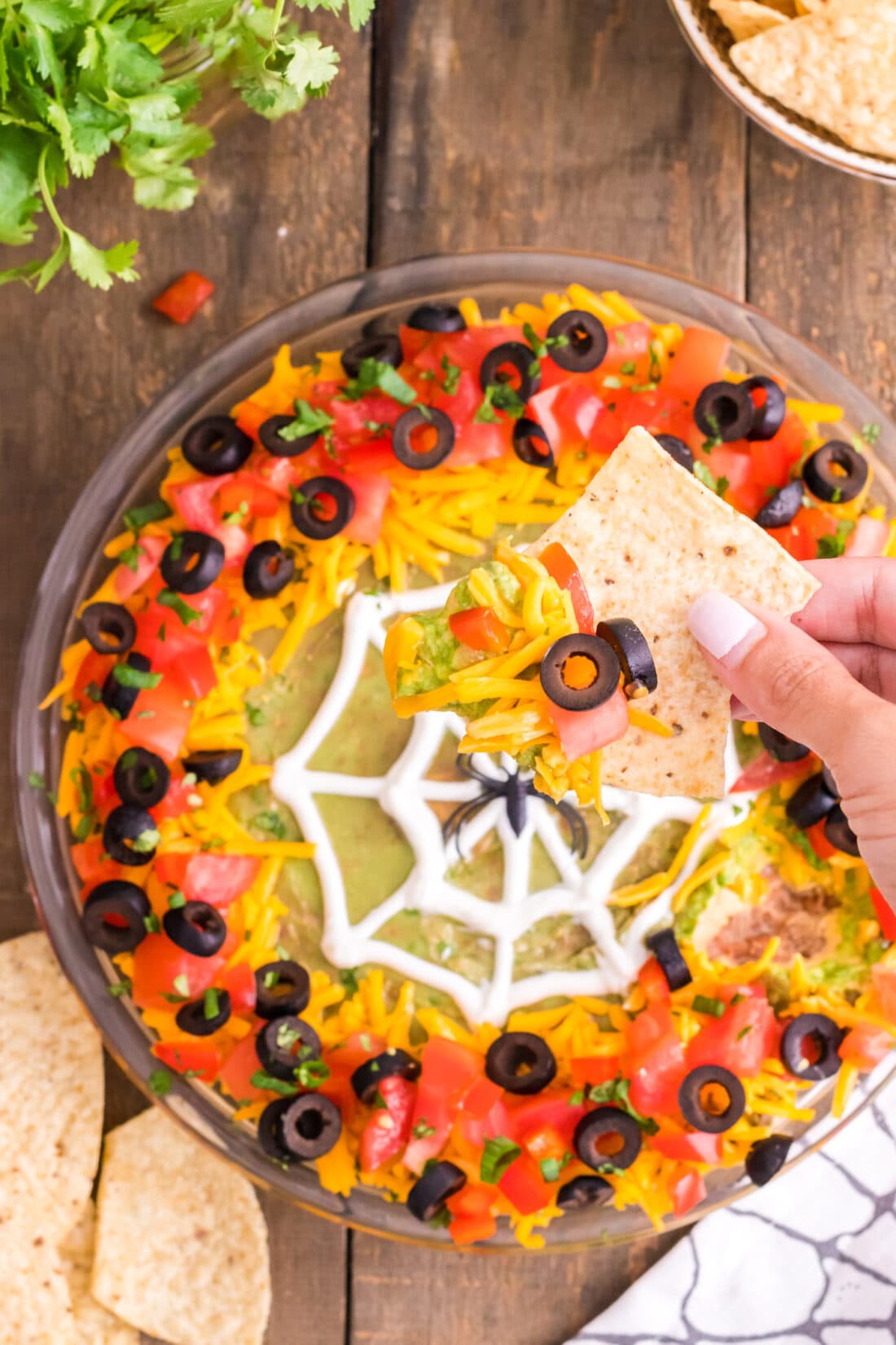 lifting Spider Web Taco Dip with a chip