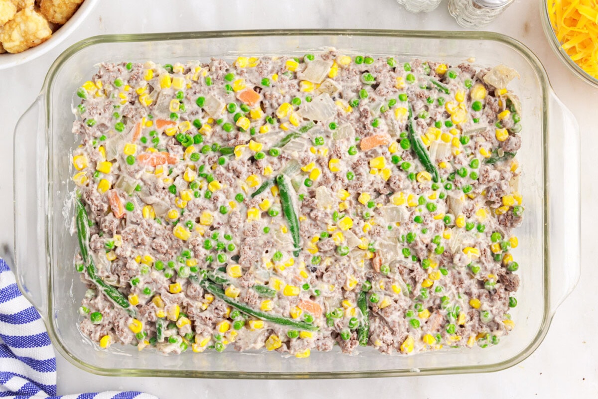 beef and veggie mixture in a casserole dish