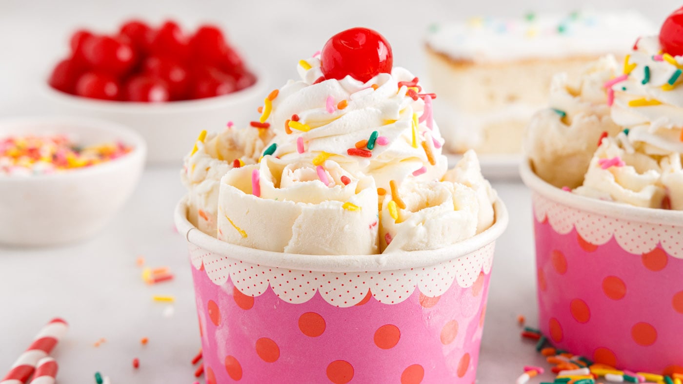This sweet and creamy birthday cake rolled ice cream is swirled with a rainbow of colorful sprinkles