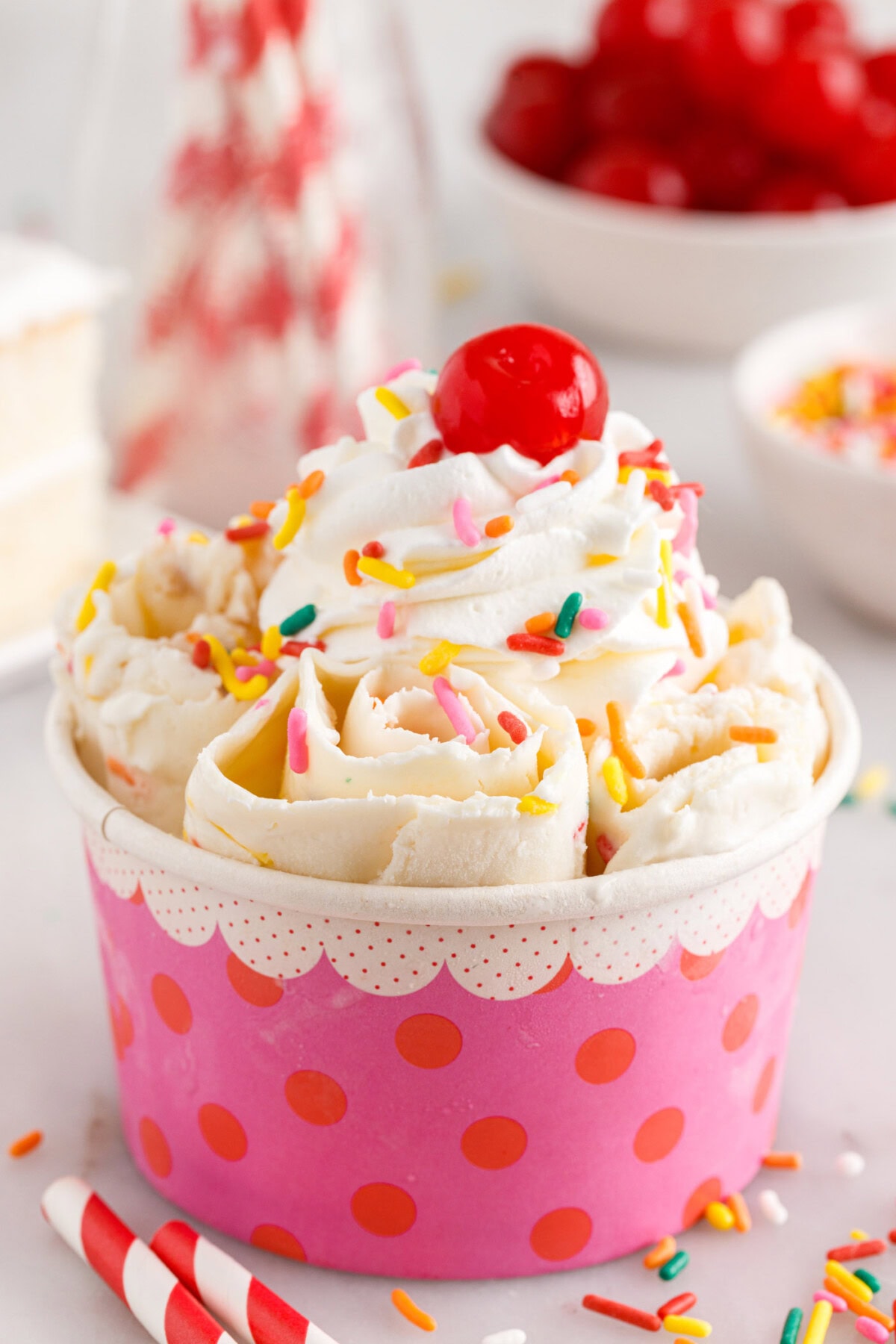 bowl of Birthday Cake Rolled Ice Cream