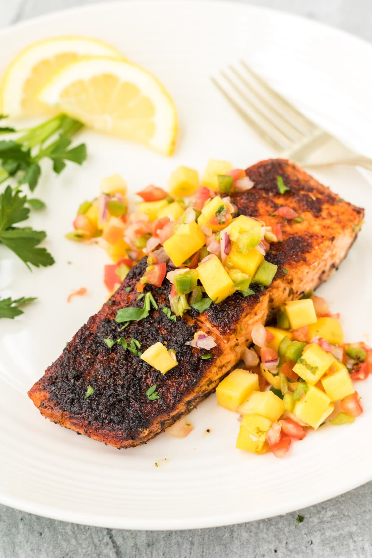 Blackened Salmon with mango salsa