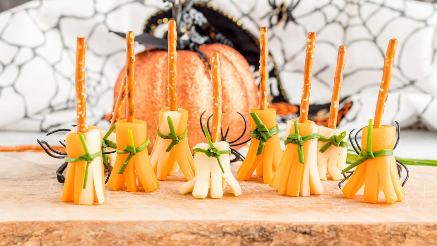 Quick and easy cheese and pretzel broomsticks are always a hit at Halloween parties! With only 3 ing