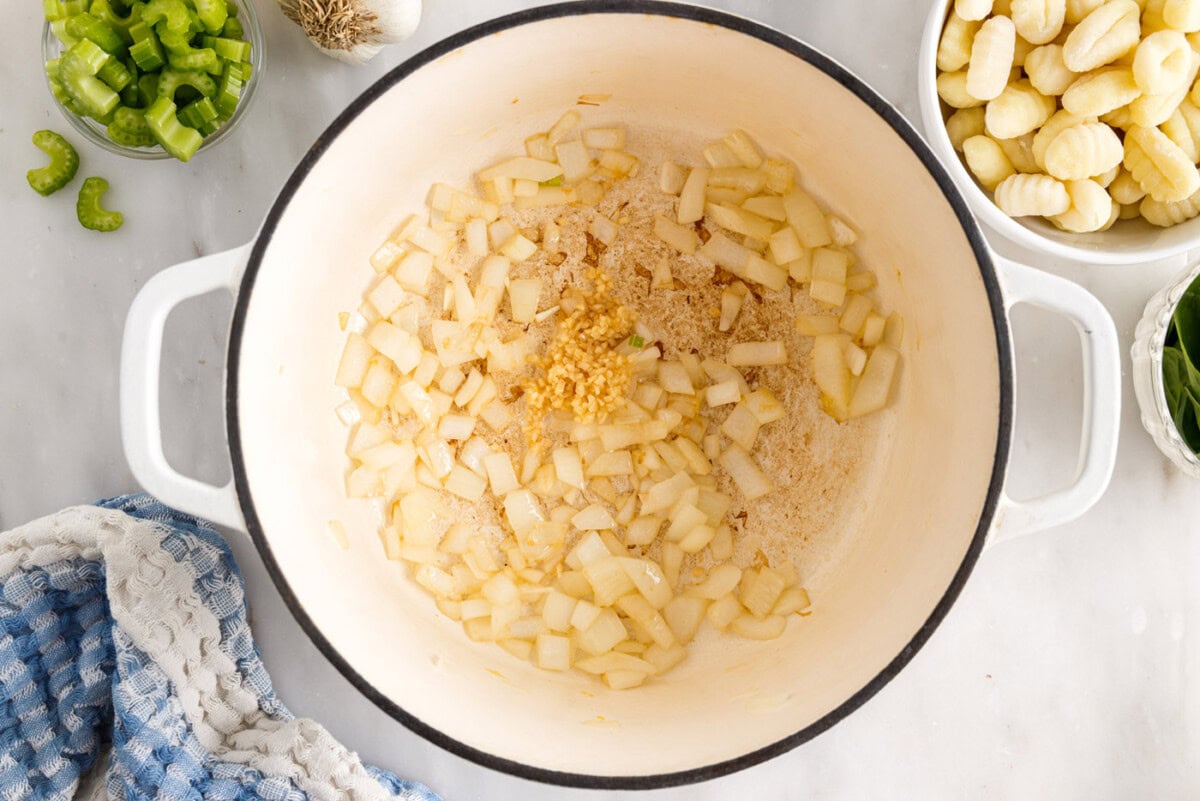 sauteed onion and garlic in a stockpot