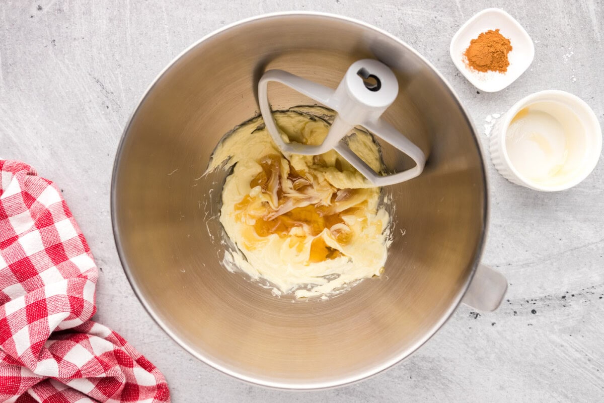 honey mixed with butter in a stand mixer bowl