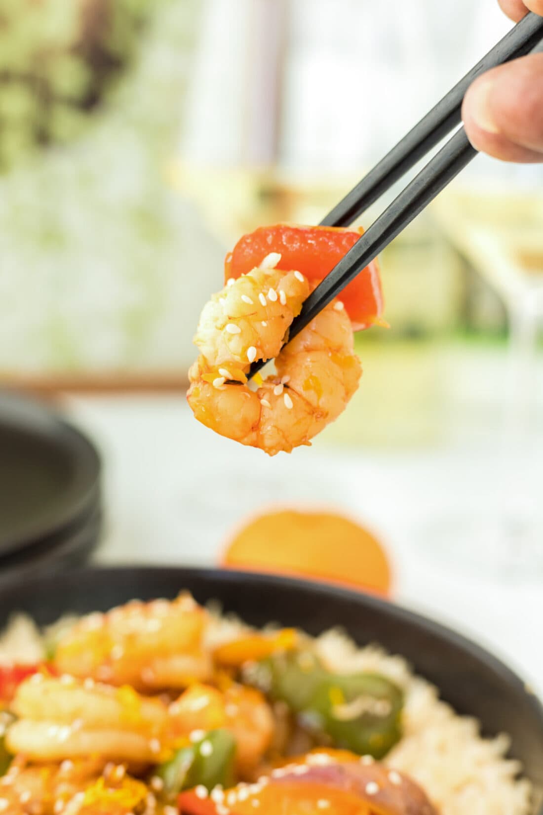 chopstick lifting Citrus Pepper Shrimp