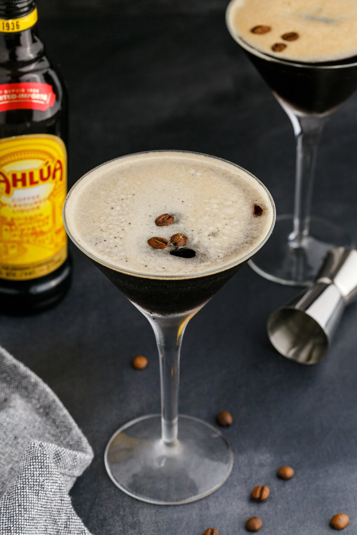 Espresso Martini with Kahlua in background