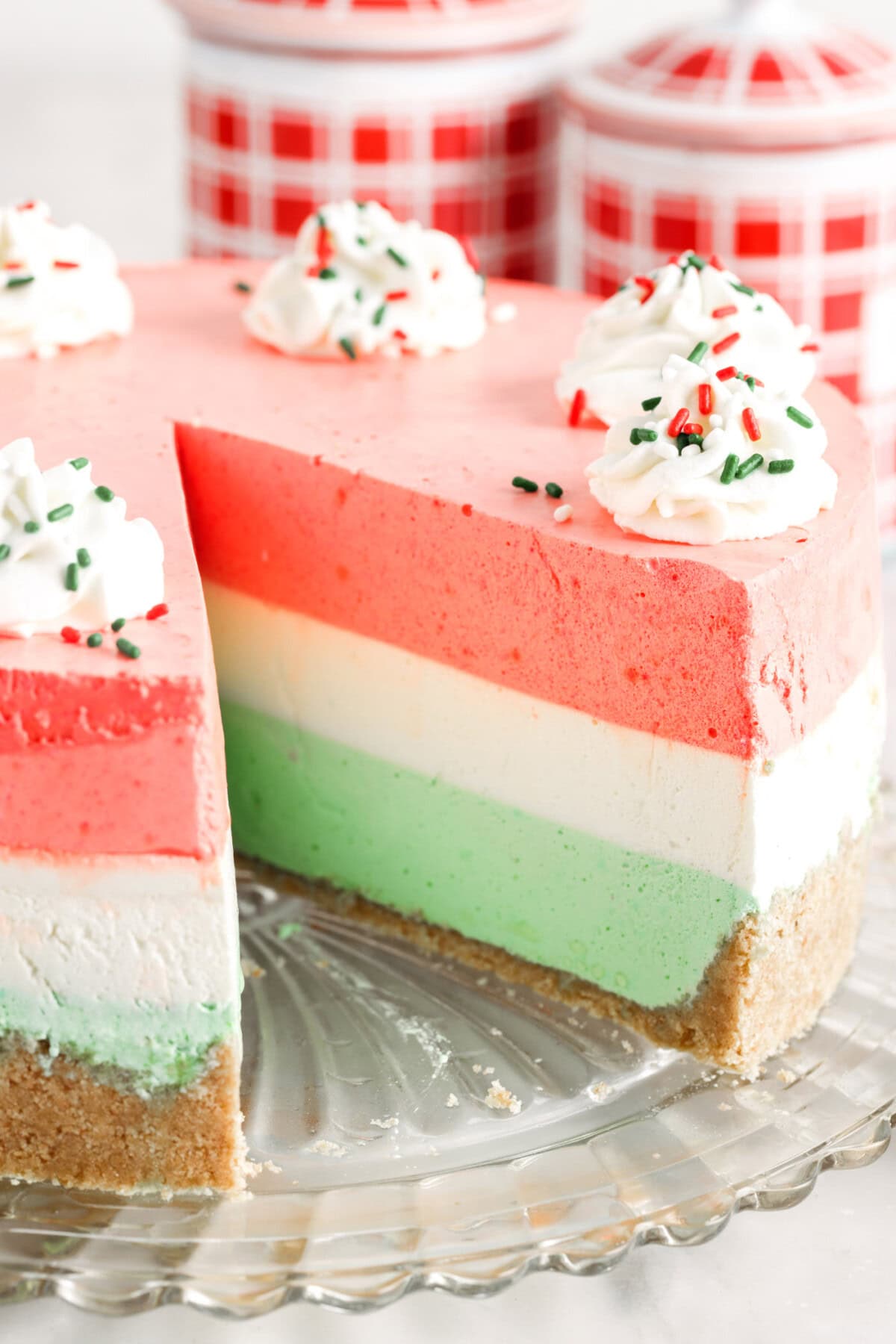 Layered Jello Pie with a silce removed