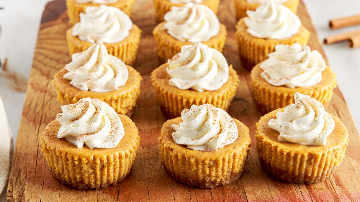These mini pumpkin cheesecakes are crazy easy to make with staple ingredients and only take about 35