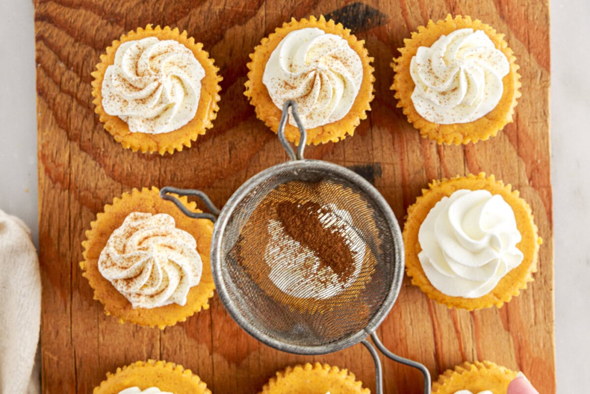 dusting pumpkin pie spice on top of whipped cream mini pumpkin cheesecakes
