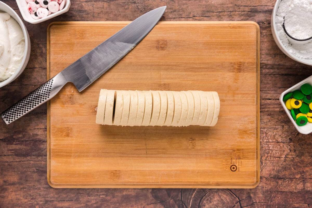 slicing cookie dough log