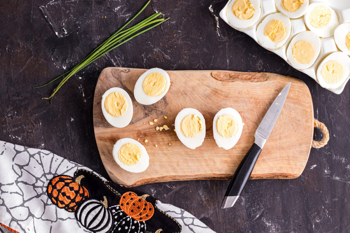 hard boiled eggs sliced in half