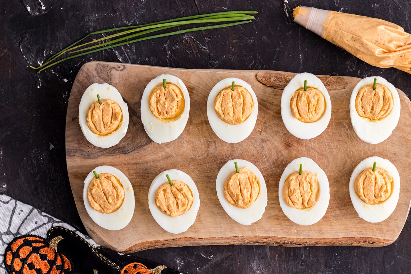 easy pumpkin deviled eggs with chives