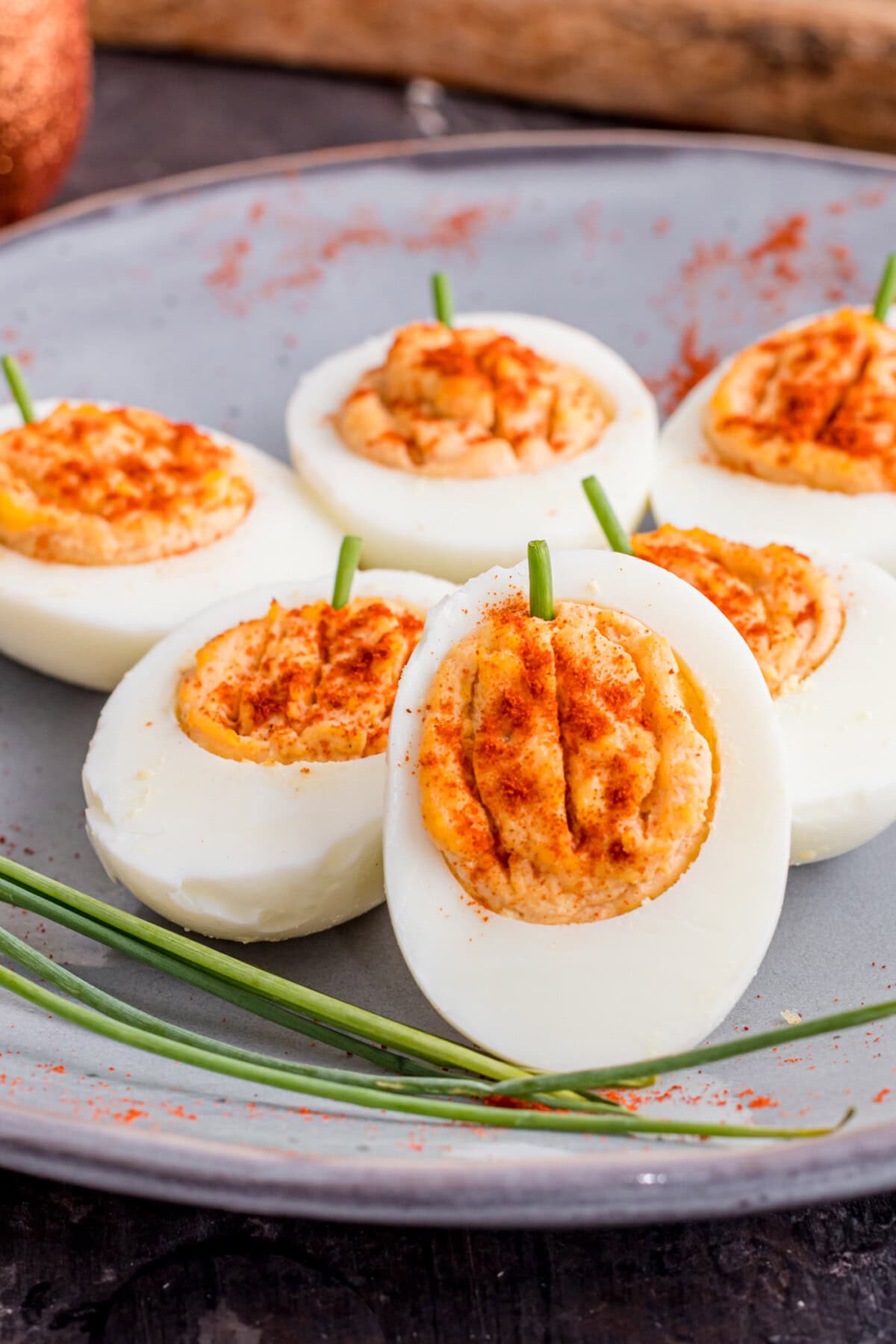 Pumpkin Deviled Eggs on a plate