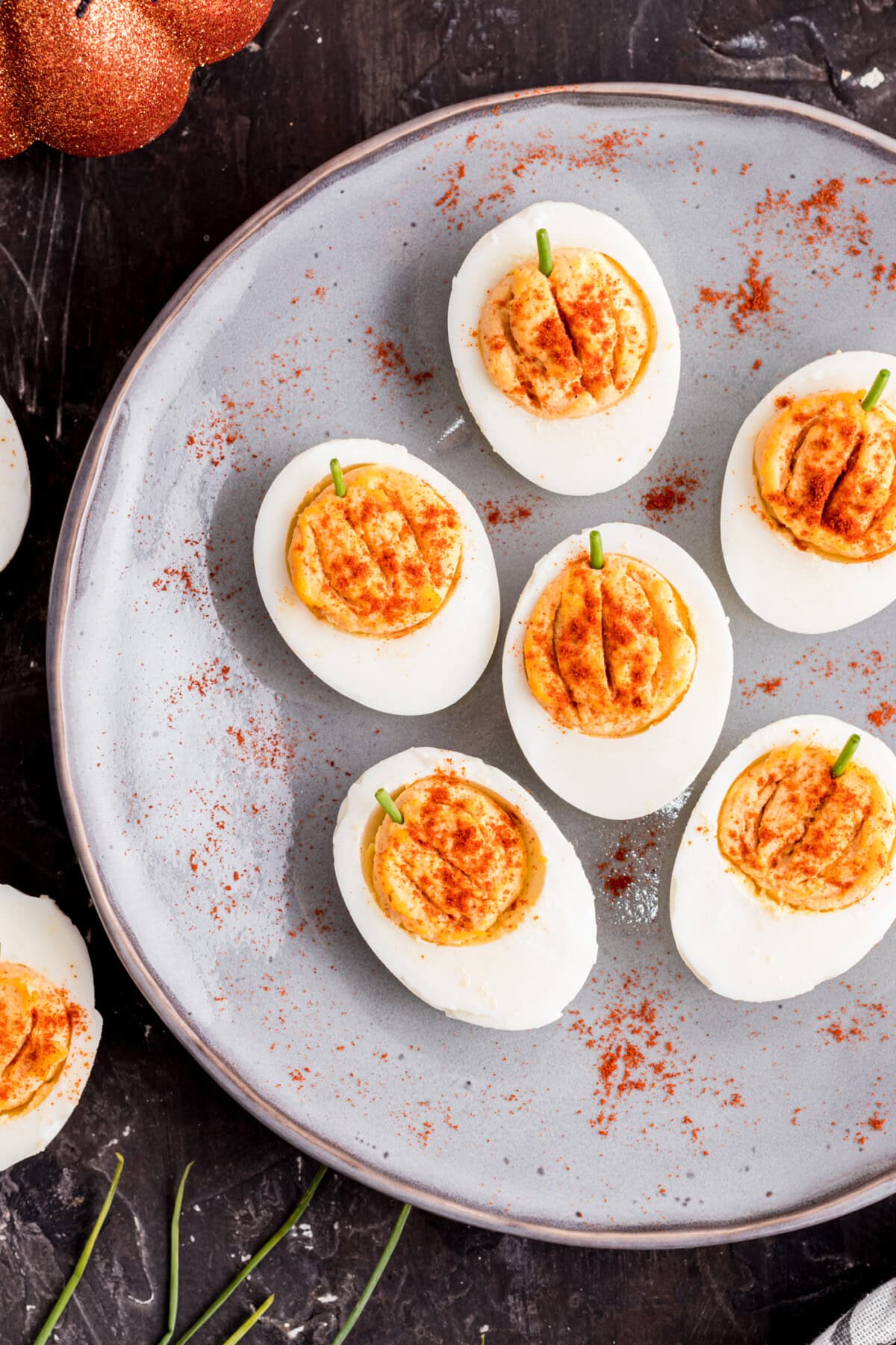 plate of Pumpkin Deviled Eggs