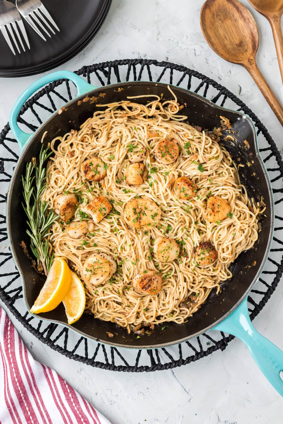 skillet of Scallop Pasta