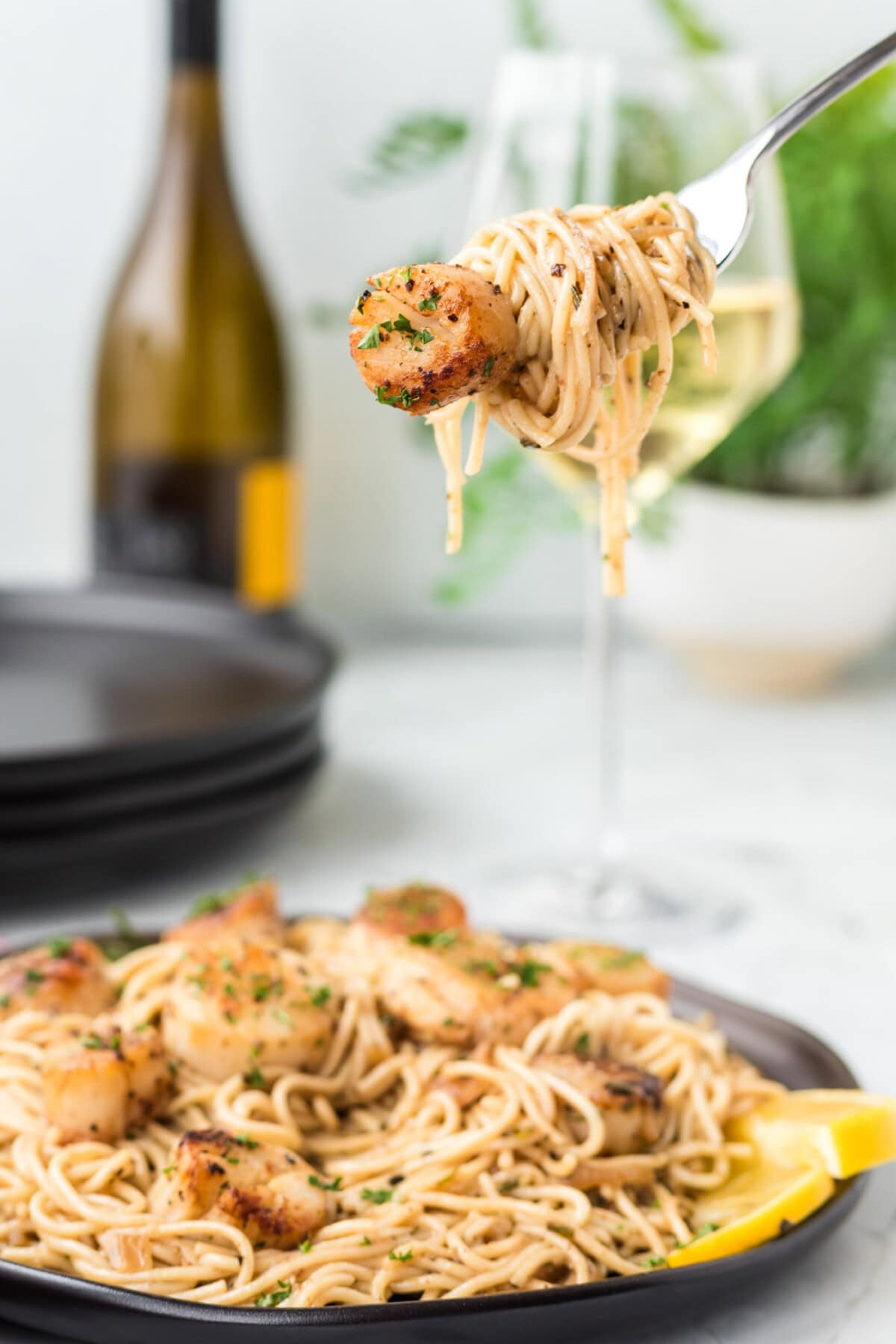 fork lifting some Scallop Pasta