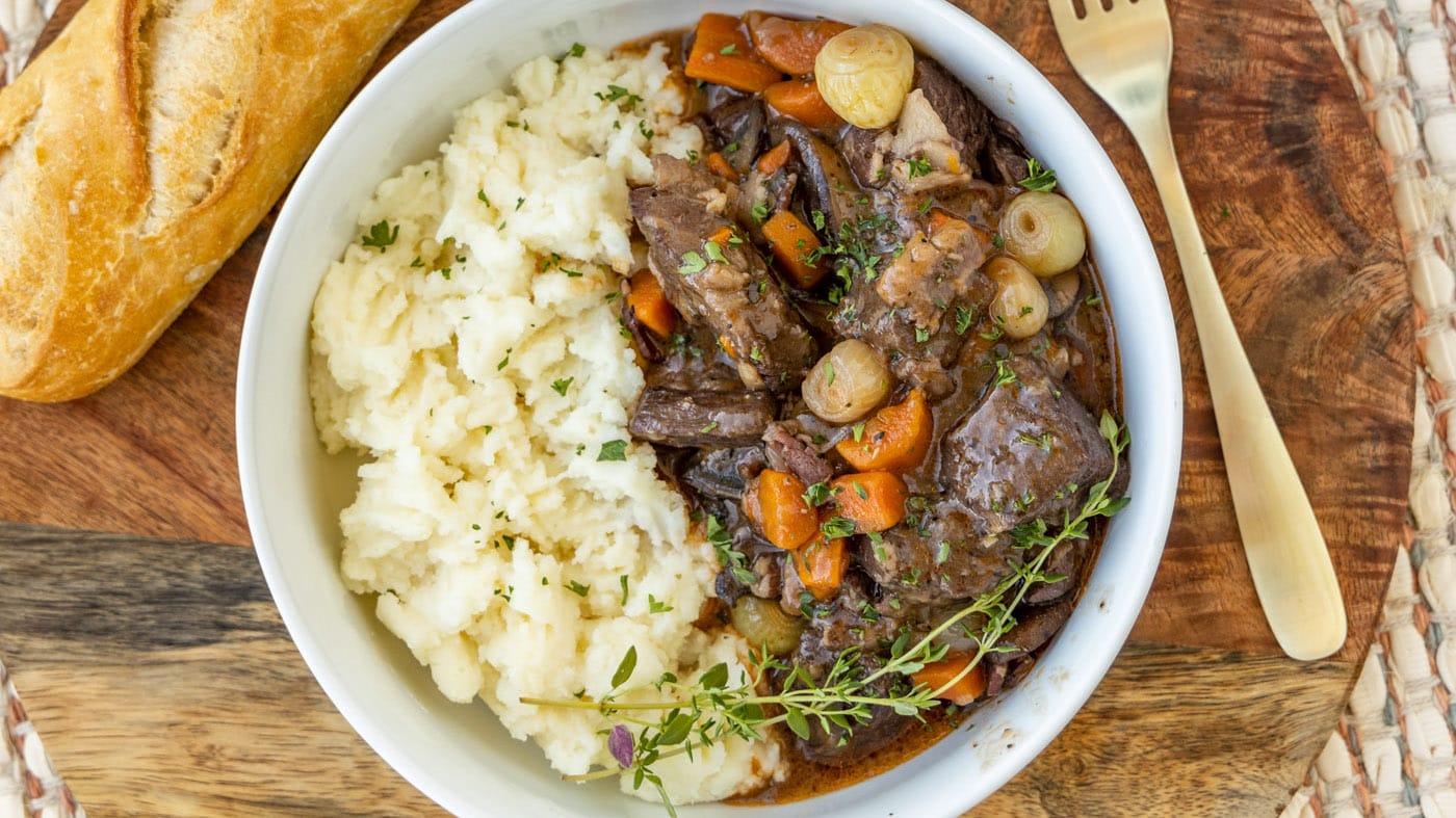 The meat in beef bourguignon is cooked low and slow for an incredibly tender melt-in-your-mouth meal