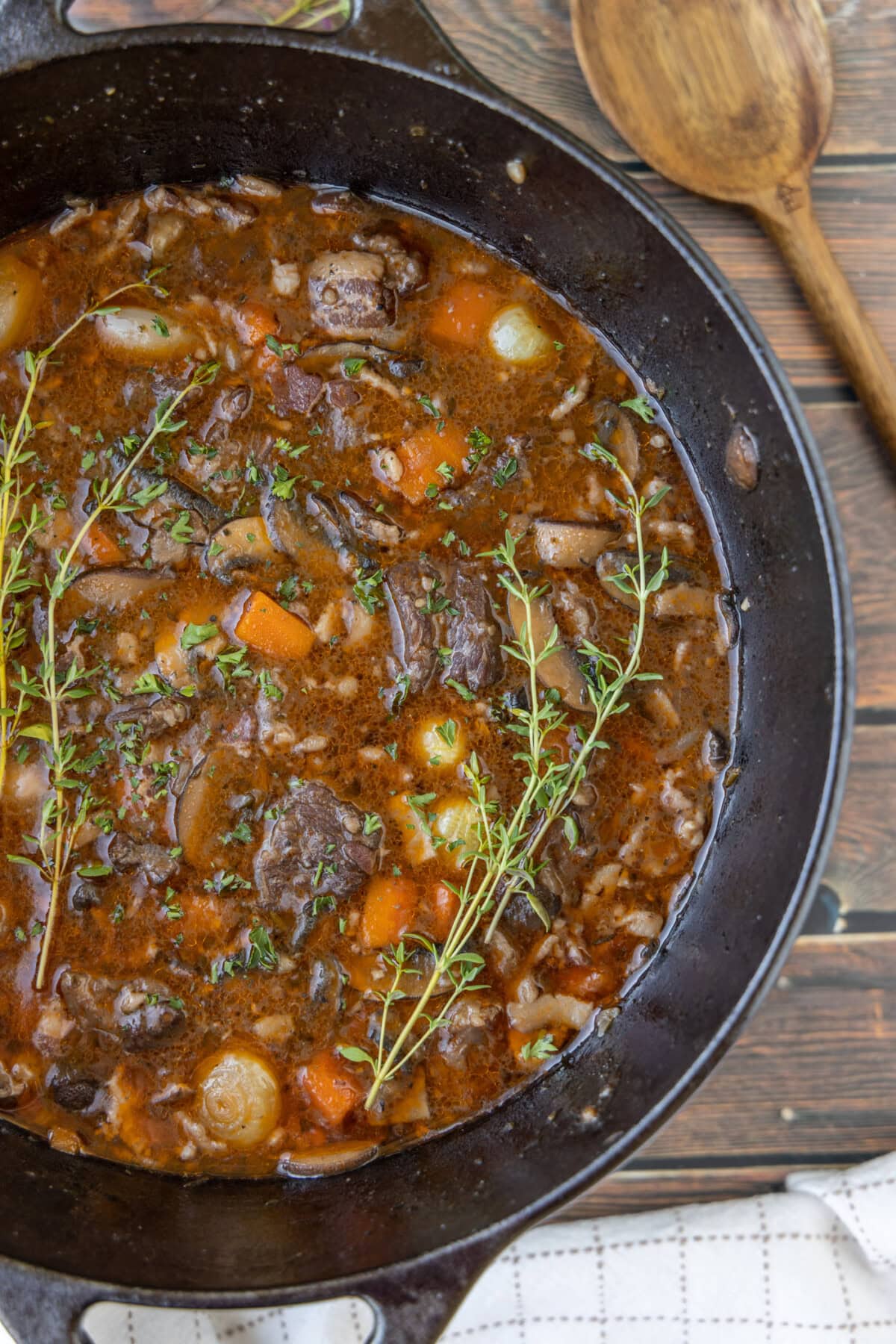 Beef Bourguignon in a cast iron dutch oven