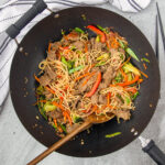 wok full of Beef Lo Mein