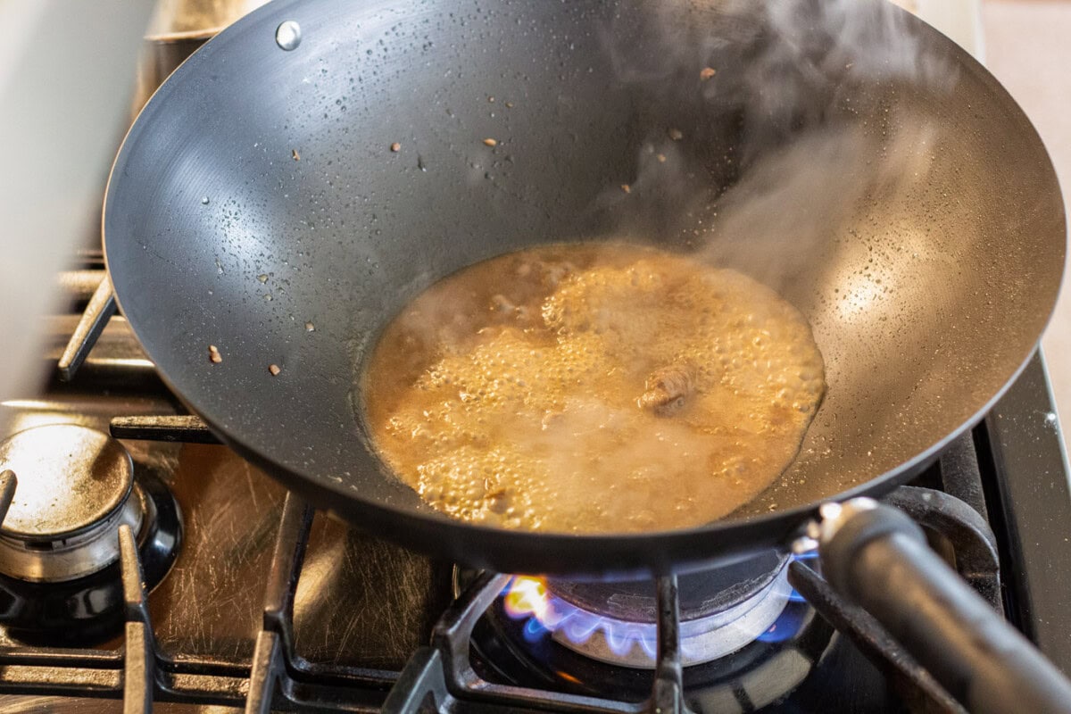 meat juices in a wok