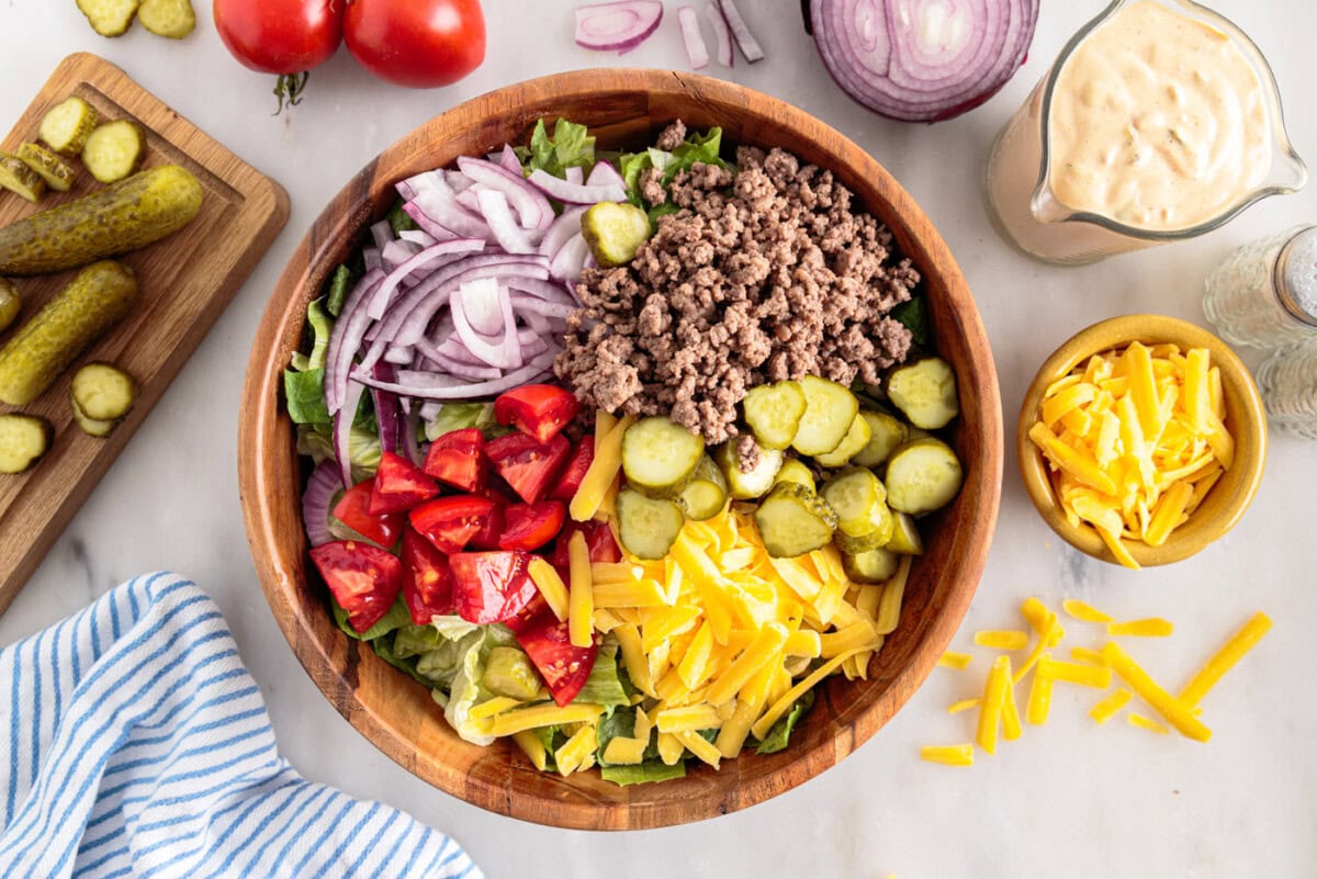 Big Mac salad ingredients in a bowl