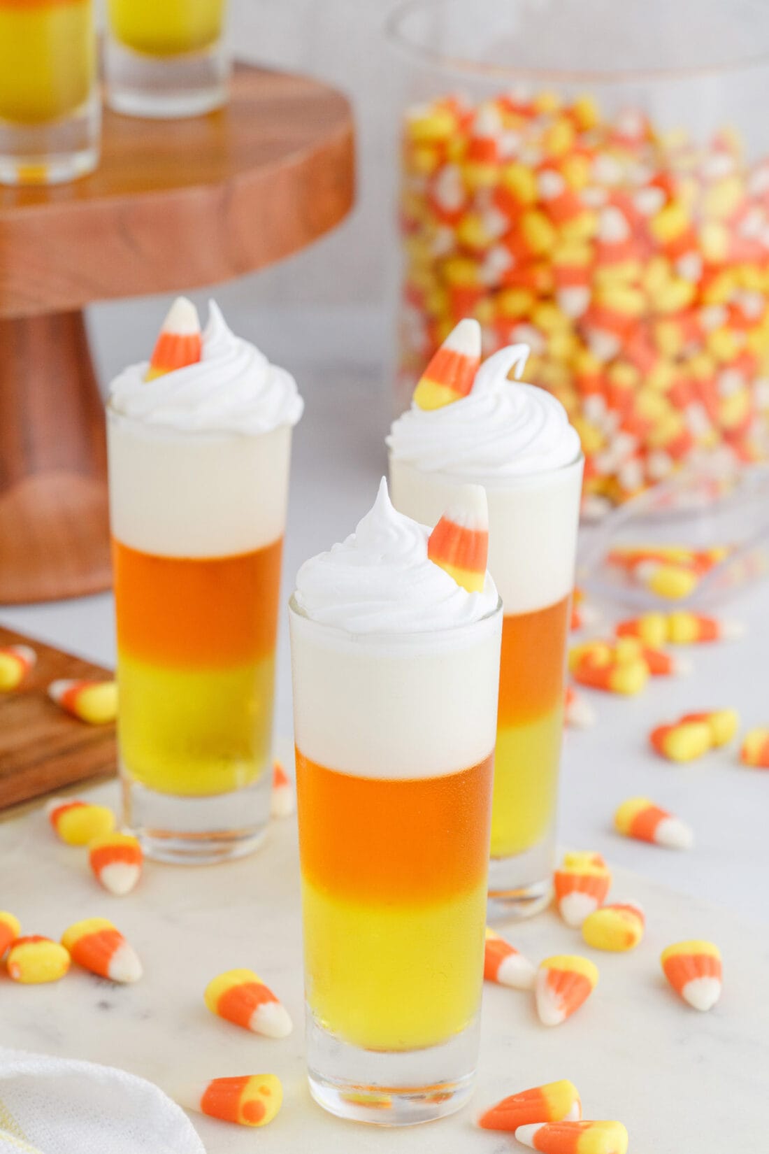 Candy Corn Jello Shots with whipped cream