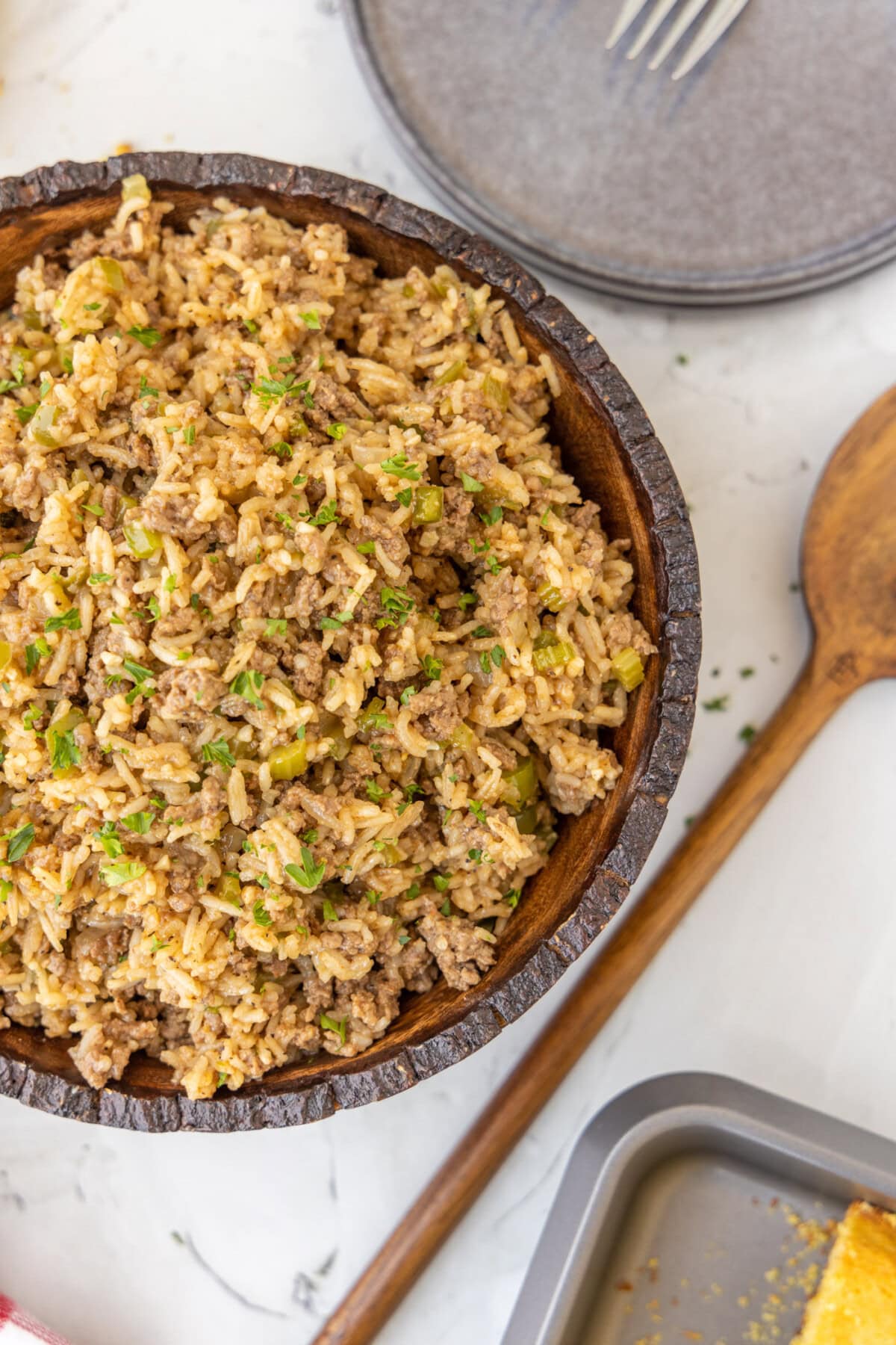 Dirty Rice in a brown bowl