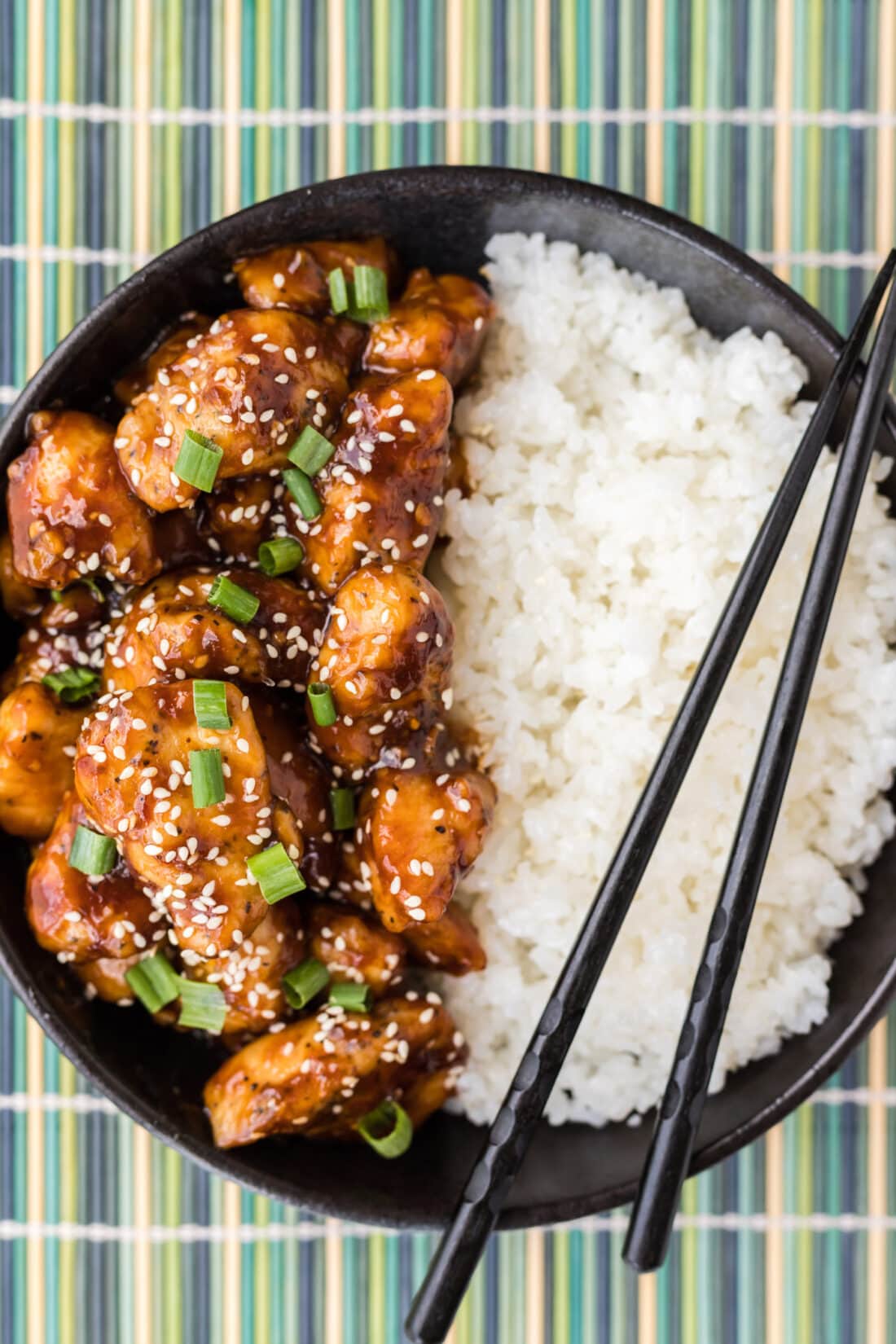 General Tso Chicken in a bowl with rice